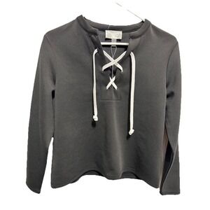 CUPIO blush Women's S Black Lace-Up V-Neck Pullover Sweatshirt Long Sleeve